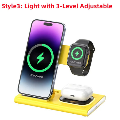 200W 3 in 1 Wireless Charger Stand Pad Foldable Fast Charging Station Dock for Iphone 16 15 14 13 12 11 X 8 Apple Watch Airpods