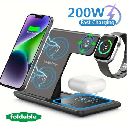 200W 3 in 1 Wireless Charger Stand Pad Foldable Fast Charging Station Dock for Iphone 16 15 14 13 12 11 X 8 Apple Watch Airpods