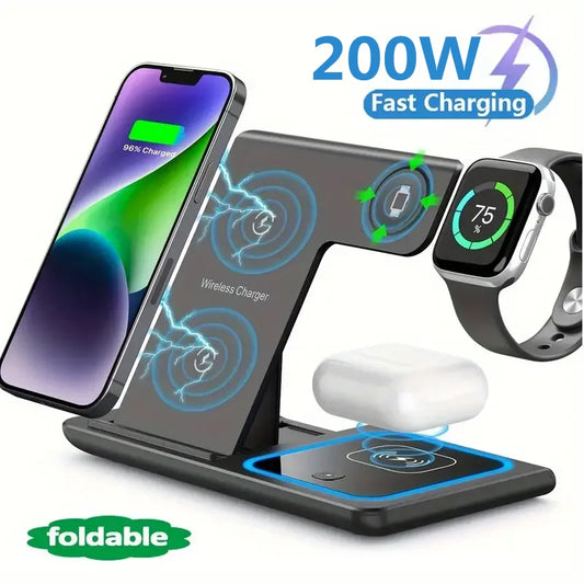 200W 3 in 1 Wireless Charger Stand Pad Foldable Fast Charging Station Dock for Iphone 16 15 14 13 12 11 X 8 Apple Watch Airpods