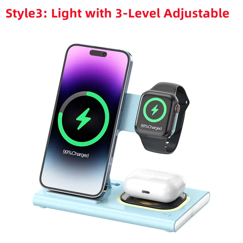 200W 3 in 1 Wireless Charger Stand Pad Foldable Fast Charging Station Dock for Iphone 16 15 14 13 12 11 X 8 Apple Watch Airpods