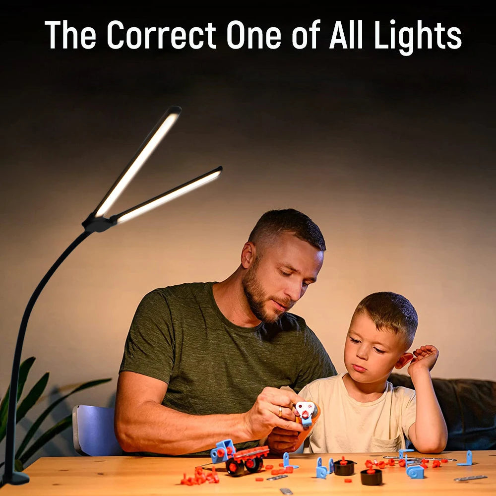 Home Office LED Desk Lamp Double Head Stepless Dimming Eye-Caring Reading Lights 3 Color Mode Flexible Adjustable PC Table Lamps