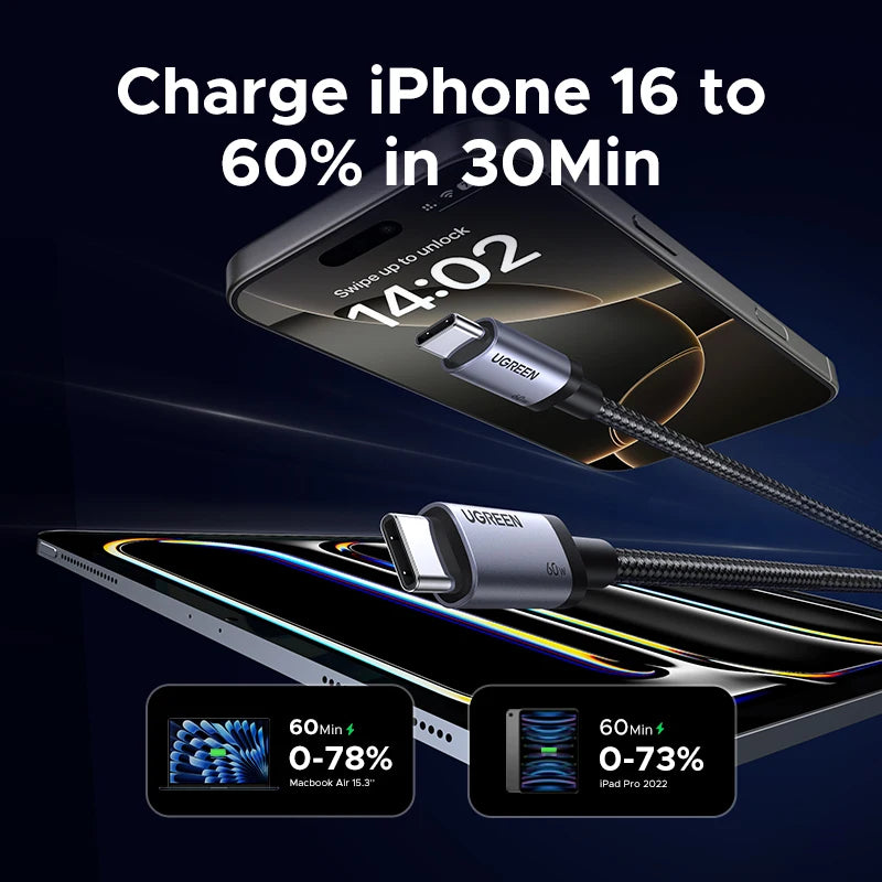 USB C Cable PD60W Fast Charge Cable for Iphone 17 16 15 Samsung S25 S24 Ipad Macbook Air Xiaomi Fast Charging Data Cable