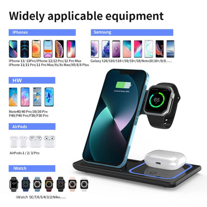 200W 3 in 1 Wireless Charger Stand Pad Foldable Fast Charging Station Dock for Iphone 16 15 14 13 12 11 X 8 Apple Watch Airpods